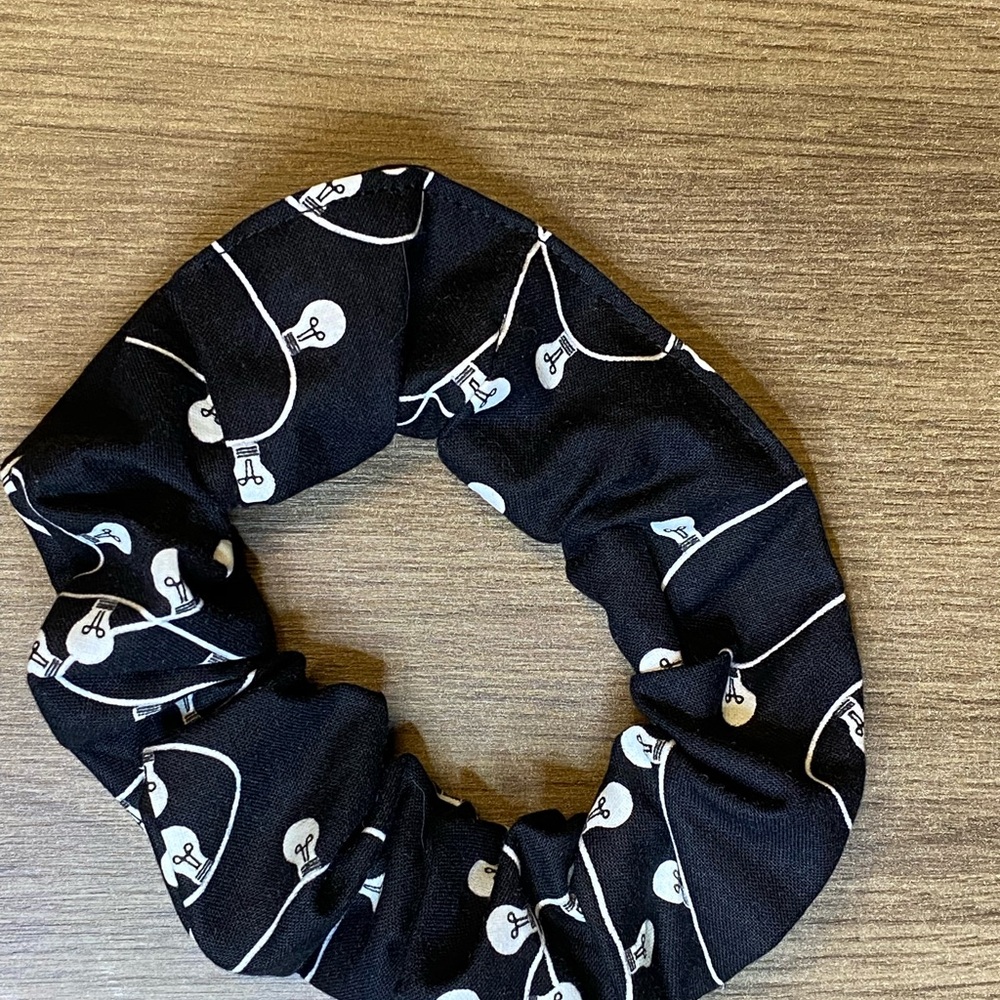 Lightbulb Glow-in-the-Dark Hair Scrunchie, Handmade, Black/White.